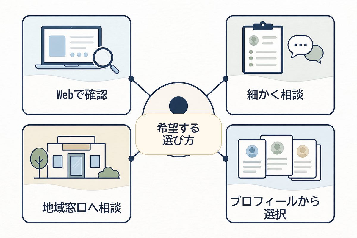 希望する探し方から家事代行の候補を整理する図