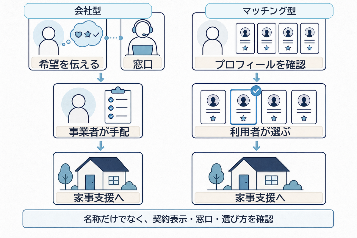 会社型とマッチング型で担当者を選ぶ流れの違いを示す図