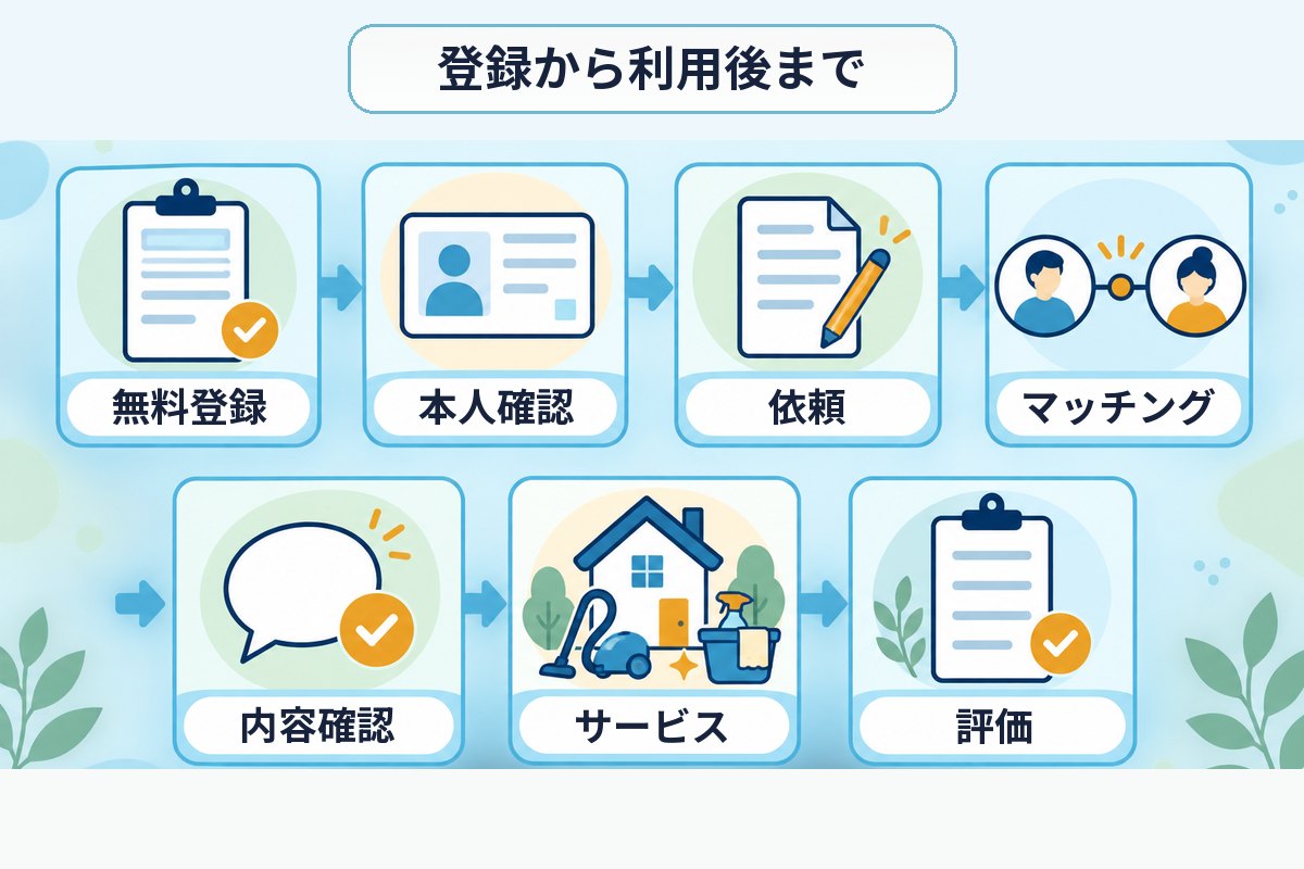 CaSyの無料登録、本人確認、依頼、マッチング、内容確認、サービス、評価の流れを示す図