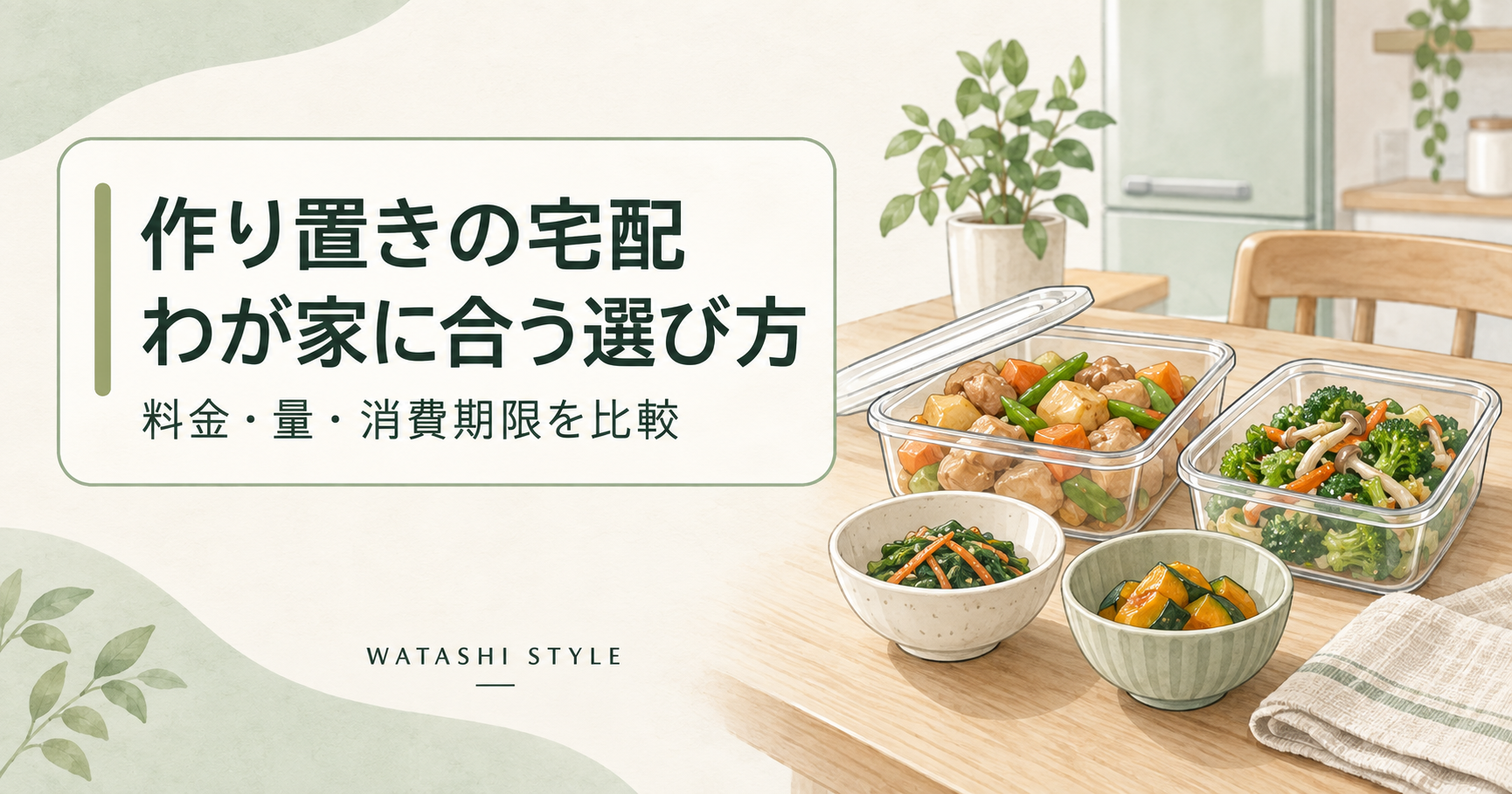 作り置きの宅配、わが家に合う選び方。セージグリーンと生成りの背景におかず容器や小鉢を描いたイラスト