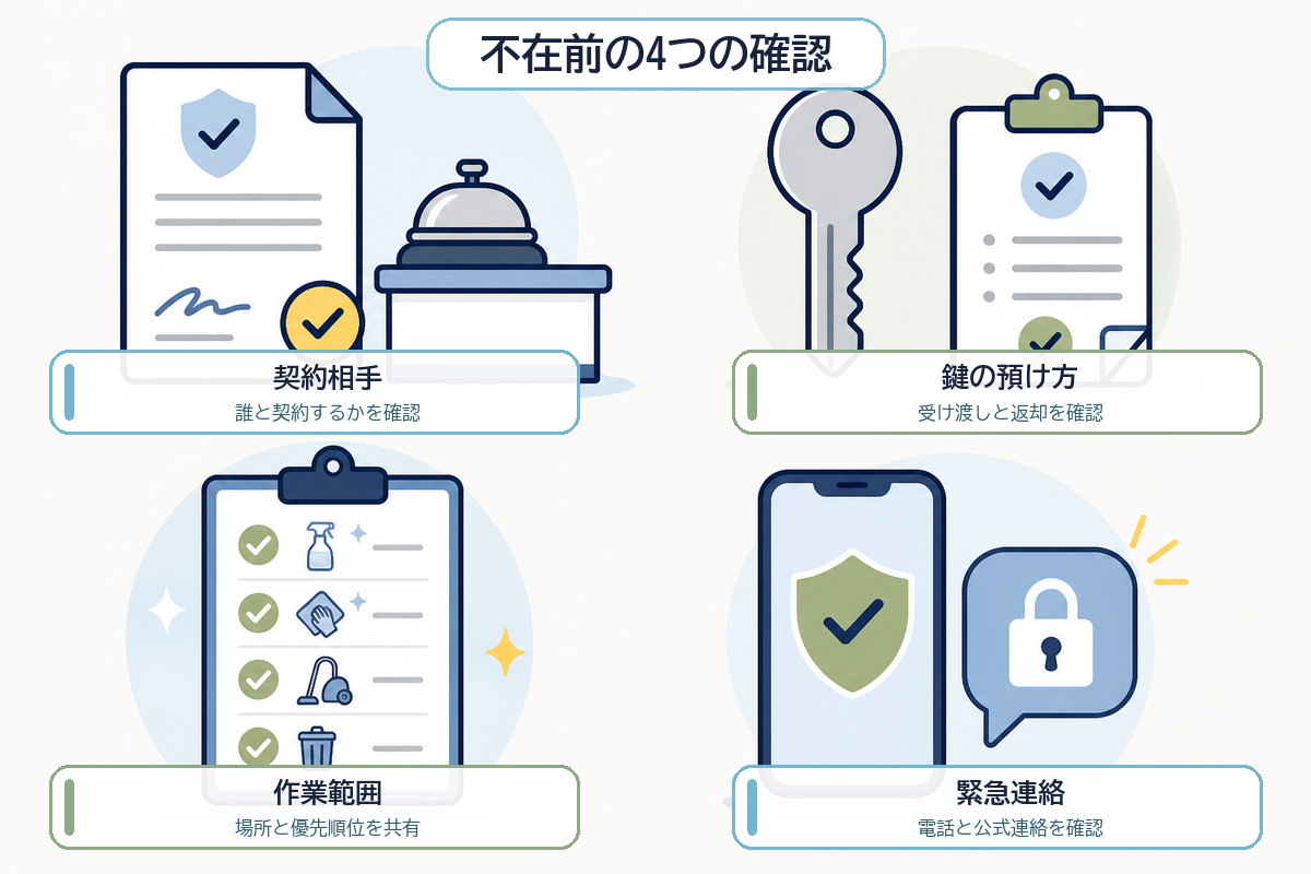 家事代行を不在中に頼む前に、契約相手、鍵、作業範囲、緊急連絡を確認する図