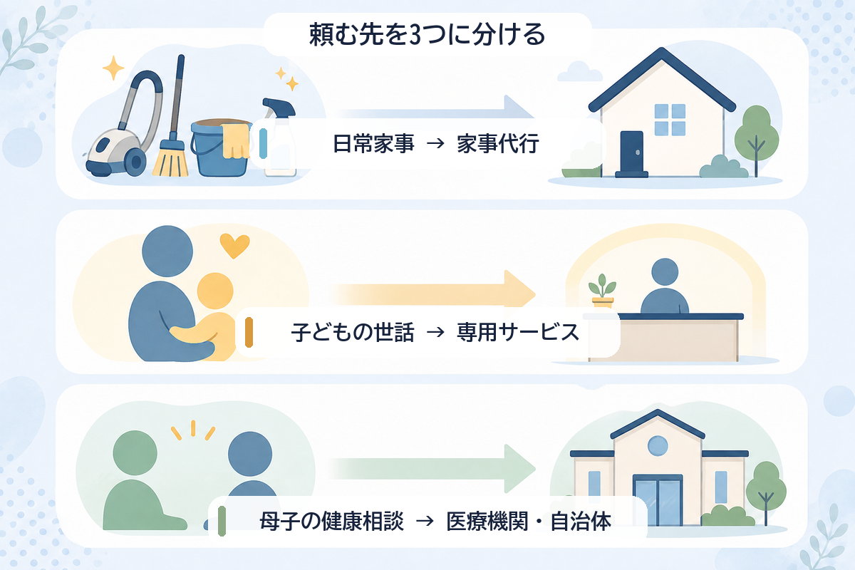 日常家事、子どもの世話、母子の健康相談について、それぞれの相談先を分ける図