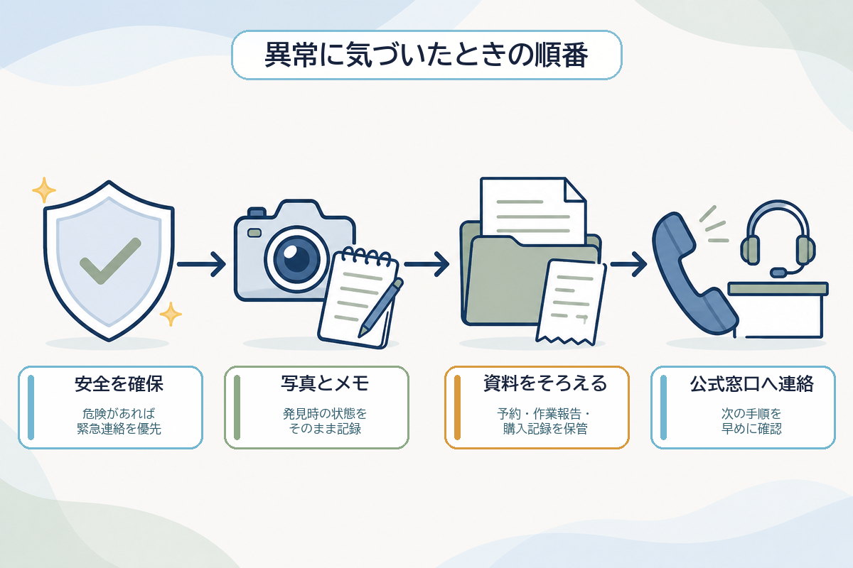 家事代行後に異常へ気づいたとき、安全確保、記録、資料確認、公式窓口への連絡を行う順番の図