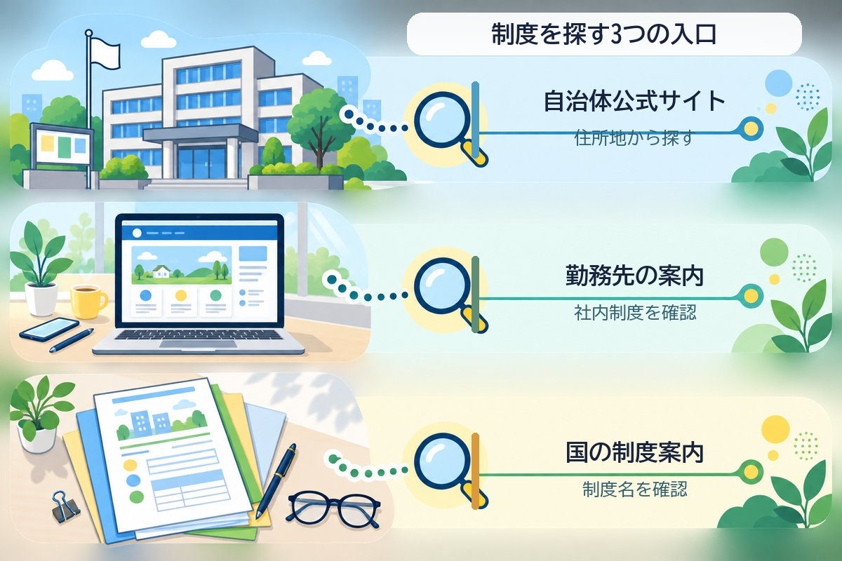 家事代行の支援制度を自治体公式サイト、勤務先の案内、国の制度案内から探す順序を示す図