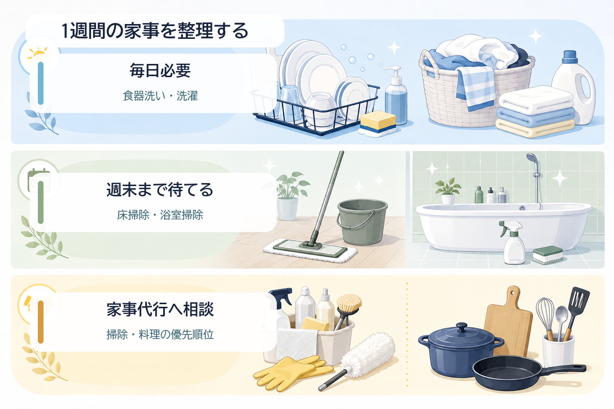 1週間の家事を、毎日必要な家事、週末まで待てる家事、家事代行へ相談する家事に分ける図